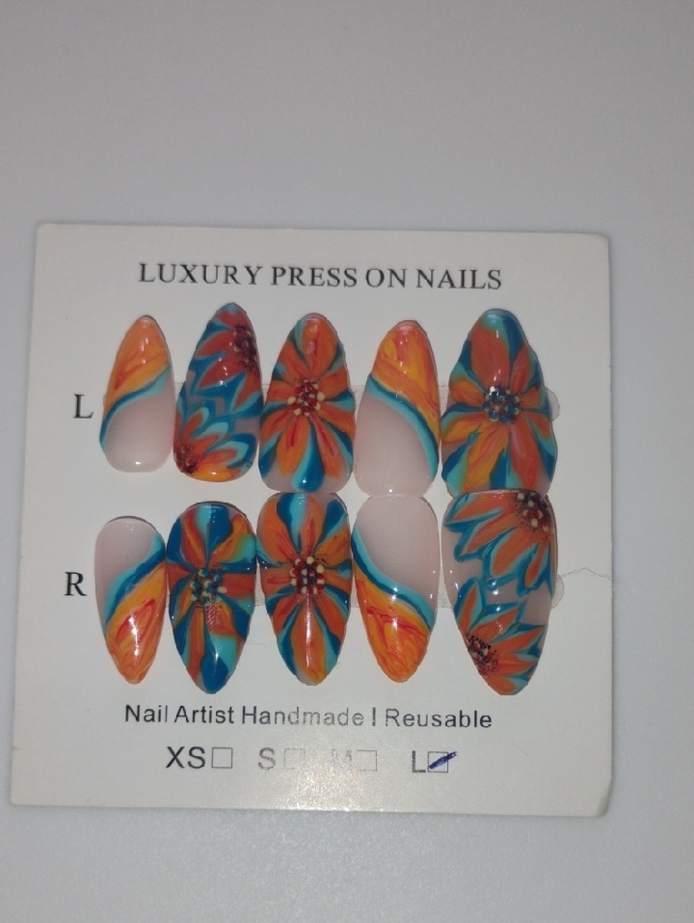 Handmade Luxury Press-On Nails - Orange & Blue Floral Design